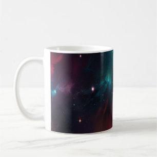 Café Taza de arte cósmico Nebulosa Naranja y Verde Teal