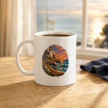 Taza de arte de faro costero en la puesta del sol 