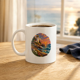 Café Taza de arte de faro costero en la puesta del sol