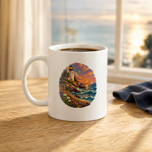 Café Taza de arte de faro costero en la puesta del sol 