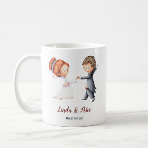 Café Taza de boda con novios bailando