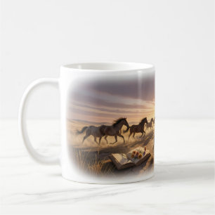 Café Taza de caballos salvajes en la pradera al atardec