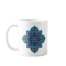 Taza de café, vibrante mandala púrpura y azul