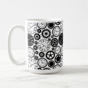 Café Taza de cerámica blanca con reloj en blanco y negr