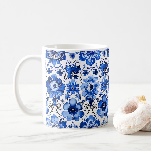Café Taza de cerámica floral azulejo portugués azul y b (Con donut)