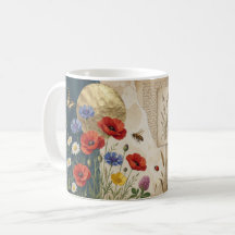 Taza de colaje botánico de abeja de flor silvestre