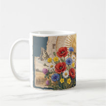 Taza de colaje botánico de abeja de flor silvestre