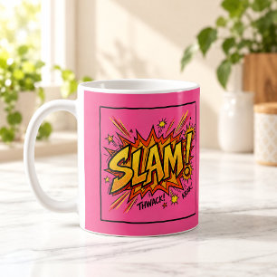 Café Taza de color rosa caliente con arte pop de cómic