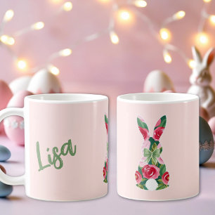Café Taza de conejito de Pascua floral con fondo rosa s