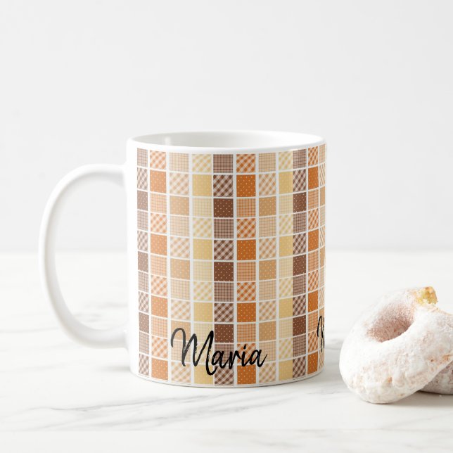 Café Taza de Cuadros Naranja Marrón Amarillo (Con donut)