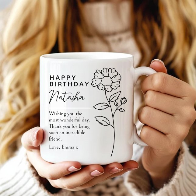 Café Taza de Cumpleaños con Letra Floral Personalizada  (Personalized birthday floral mug gift for coworker, Personalized elegant birthday mug gift for her)