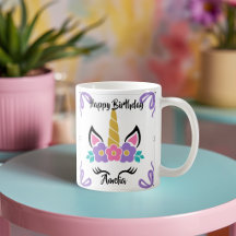 Taza de cumpleaños personalizada de unicornio feli