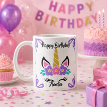 Taza de cumpleaños personalizada de unicornio feli