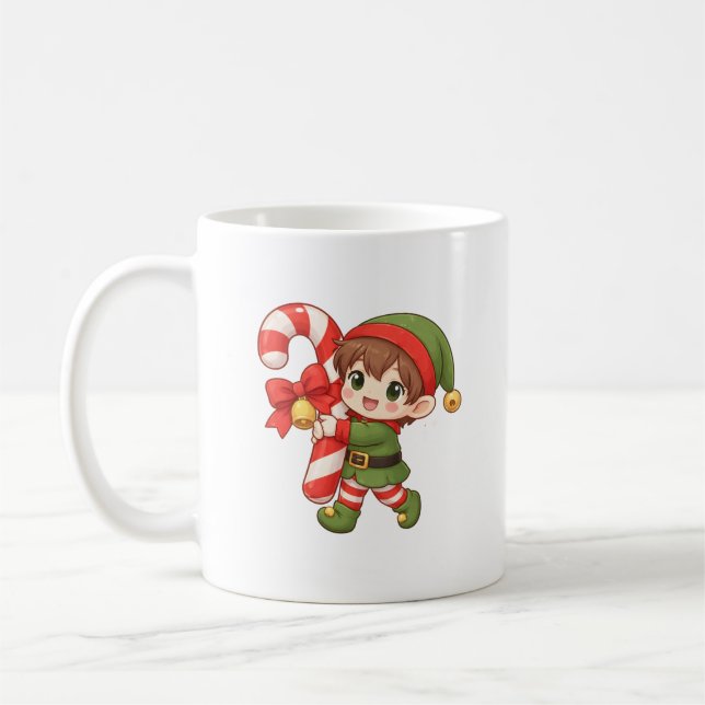 Café Taza de duende de Navidad Kawaii con bastón de car (Izquierda)