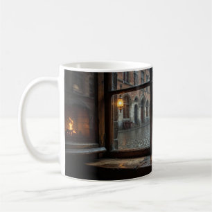 Café Taza de escape lluvioso en la ventana de una cerve
