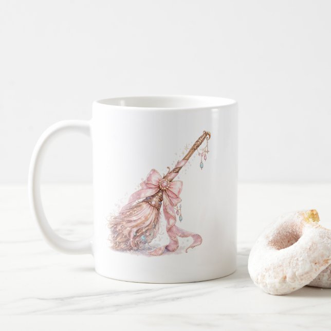 Café Taza de Escoba de Bruja Encantada Rosa (Con donut)
