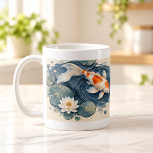 Café Taza de estanque japonés con ondas de koi