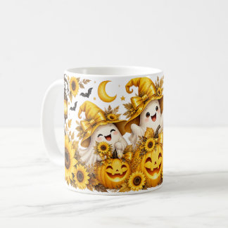 Café Taza de fantasmas de Halloween amarillos, calabaza