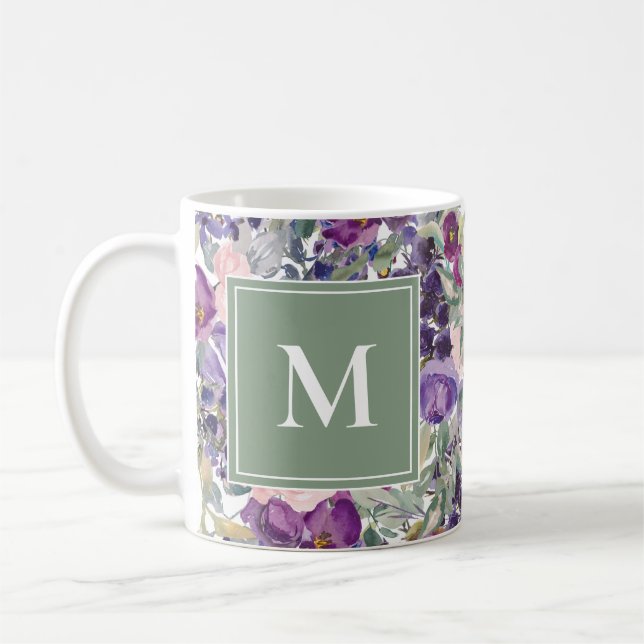 Café Taza de flores moradas rosadas con hojas verdes (Izquierda)