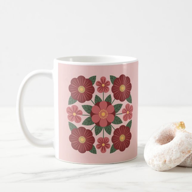 Café Taza de flores rojas borgoña rosadas (Con donut)