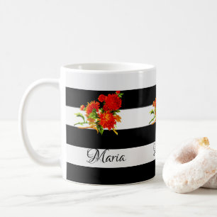 Café Taza de franja floral negra y blanca