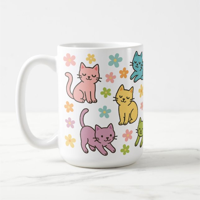 Café Taza de gato de dibujos animados y flores lindas – (Izquierda)