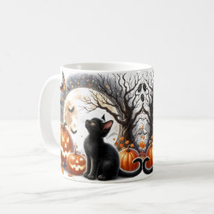 Café Taza de gato de Halloween lindo con calabaza y fan