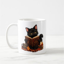 Taza de gato negro acogedor leyendo libro - B de H
