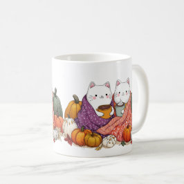 Café Taza de gatos acogedores de otoño con calabazas