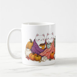 Café Taza de gatos acogedores de otoño con calabazas