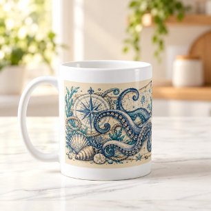 Café Taza de grabado marino de pulpo curioso
