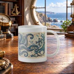 Café Taza de grabado marino de pulpo curioso