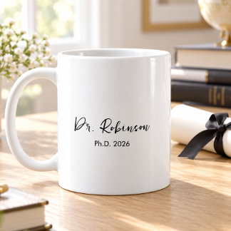 Café Taza de graduación de doctorado con guión elegante