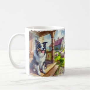 Café Taza de granja de ovejas con perro Border Collie