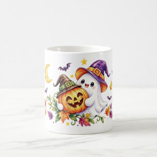 Café Taza de Halloween con sombrero de bruja y calabaza
