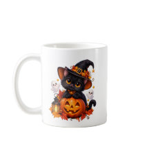 Taza de Halloween de gato negro y calabaza