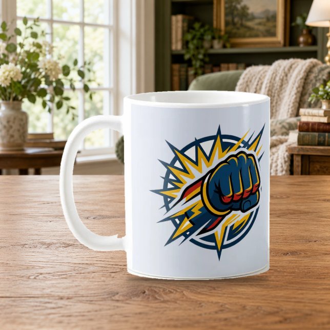 Café Taza de héroe con emblema de puño de poder relámpa (Subido por el creador)