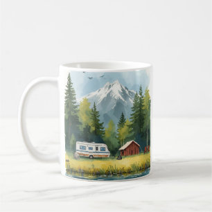 Café Taza de ilustración de caravana de camping escénic
