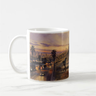 Café Taza de ilustración del crepúsculo en LA bajo el p