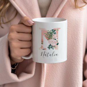 Café Taza de inicial de acuarela floral - N