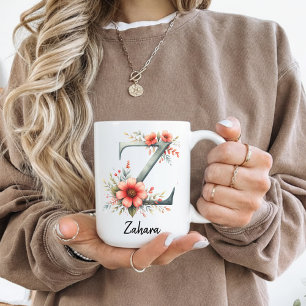 Café Taza de inicial floral personalizada regalo para m