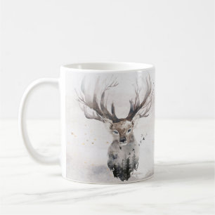 Café Taza de invierno de ciervo del bosque con acuarela