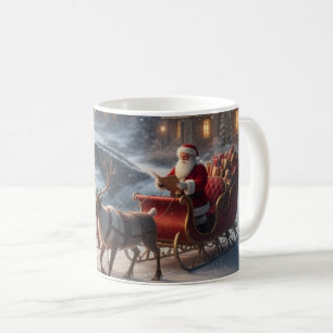 Café Taza de la aldea navideña nevada con trineo de San