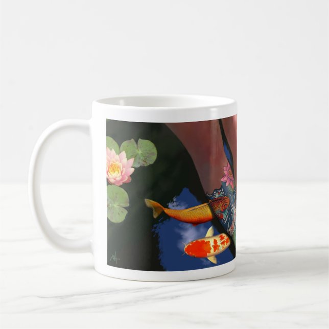 Café Taza de la charca del lirio del tatuaje de Koi (Izquierda)