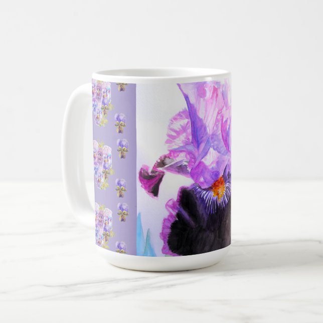 Café Taza de Latte floral de Iris Iris morado pintado a (Anverso izquierdo)