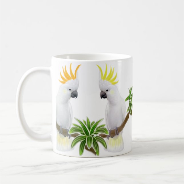 Café Taza de los Cockatoos de la cidra y del azufre (Izquierda)