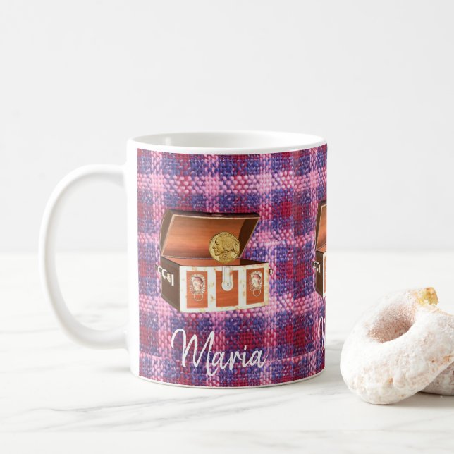 Café Taza de Maleta de Cuadros Rosas (Con donut)