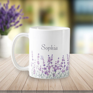 Café Taza de mariposa floral lavanda púrpura acuarela