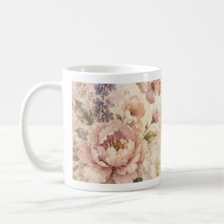 Café Taza de mariposa y flores en acuarela