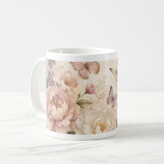 Café Taza de mariposa y flores en acuarela